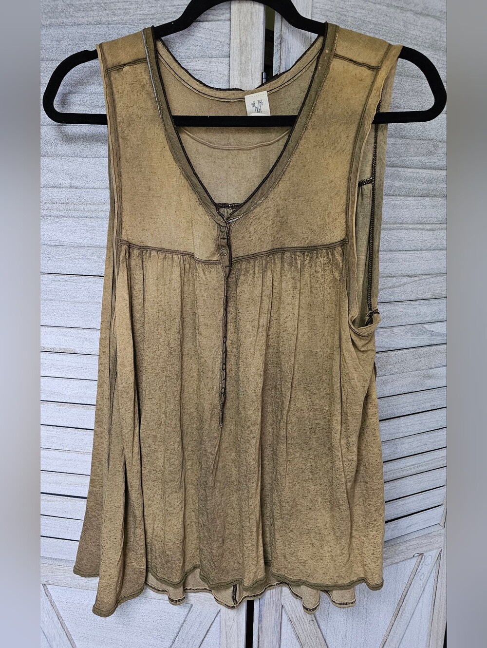 We The Free (Free People) Olive Green Linen-Blend Henley Tank
